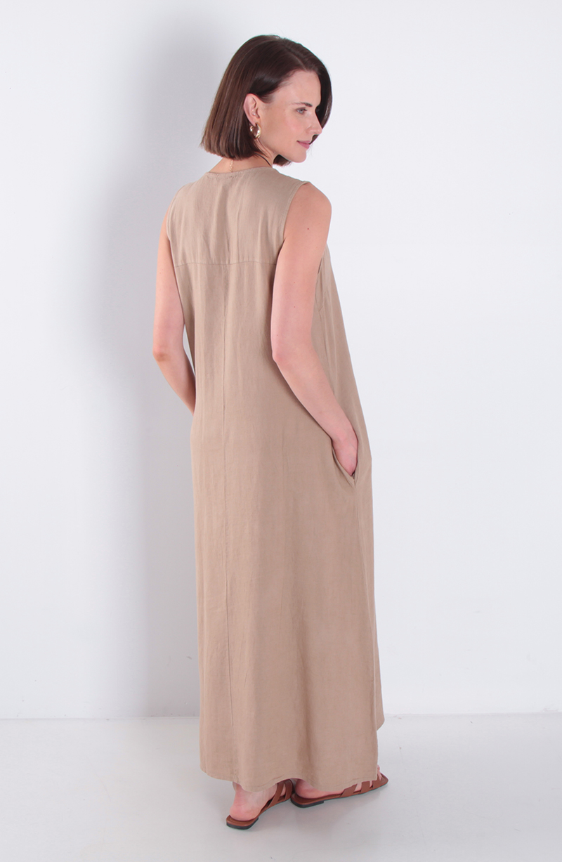 Vestido Sin Manga Lino Con Bolsillos Escote V hover
