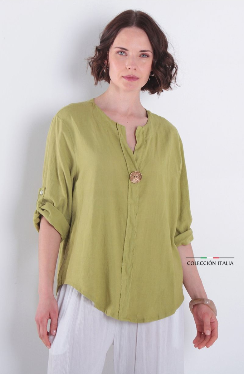 Blusa Lino Manga 3/4 Escote V Con 1 Boton