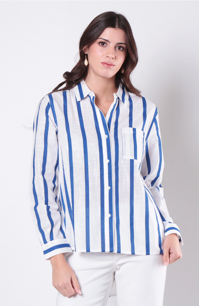 BLUSA LISTADA MANGA LARGA ABOTONADA EN DELANTERO