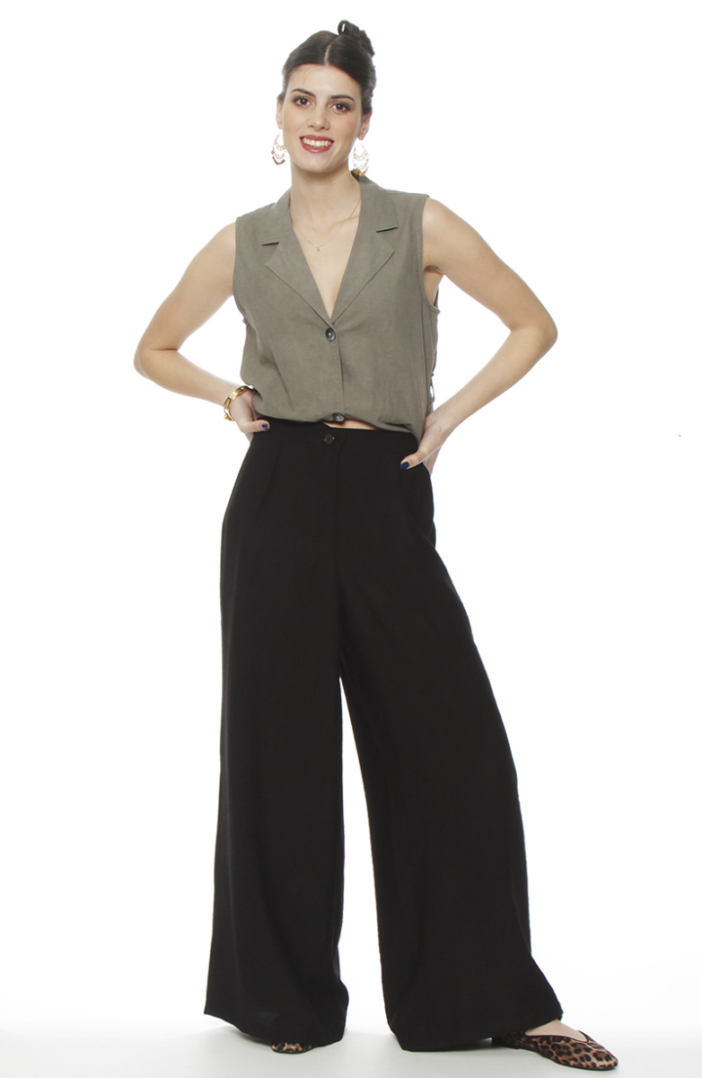 PANTALON WIDE LEG TIRO ALTO PRETINA BASICA 1 BOTON