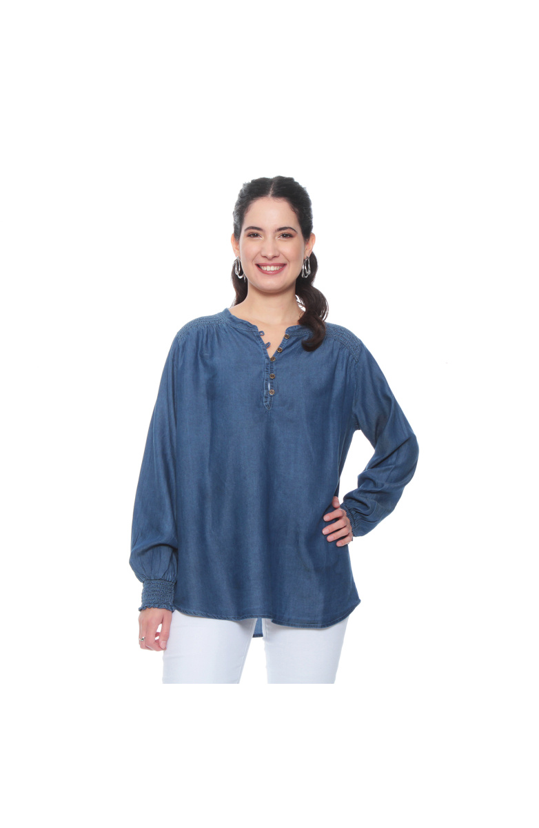 BLUSA MANGA LARGA TENCEL CUELLO MAO CON APLICACION EN HOMBROS