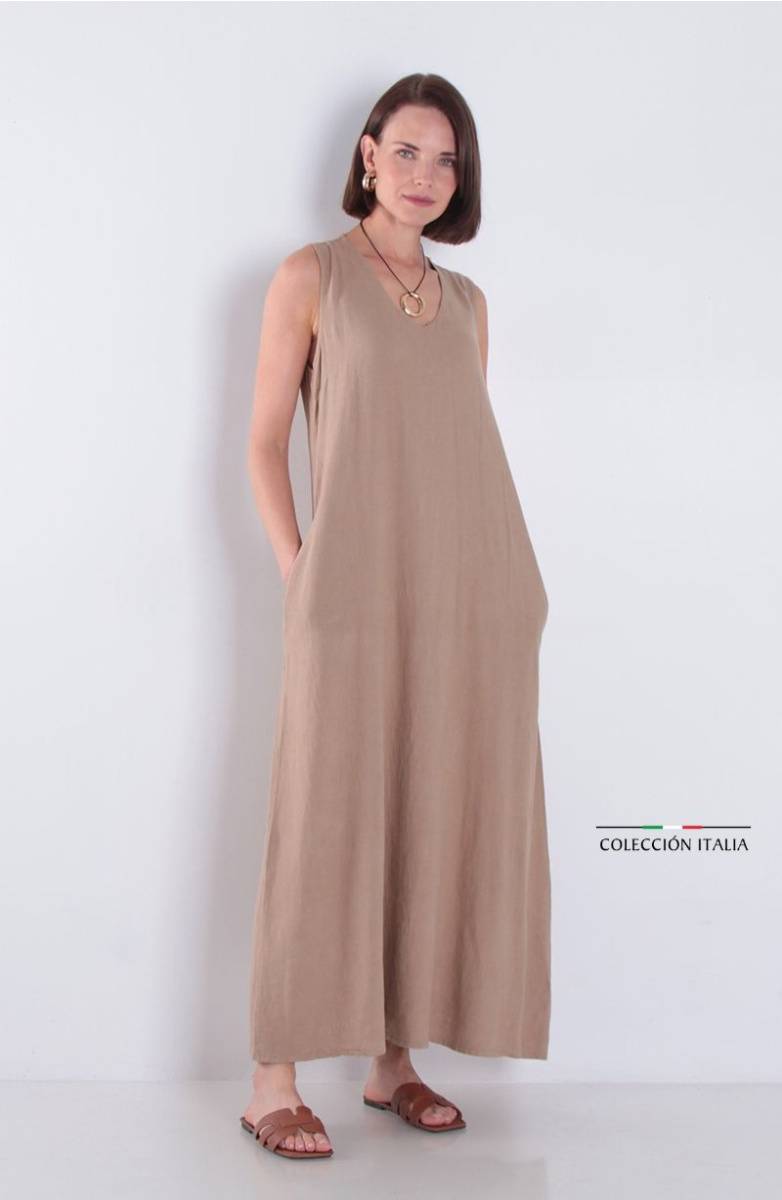 Vestido Sin Manga Lino Con Bolsillos Escote V