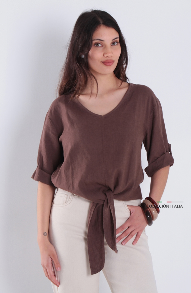 Blusa Lino Manga 3/4 Escote V Con Nudo En Ruedo