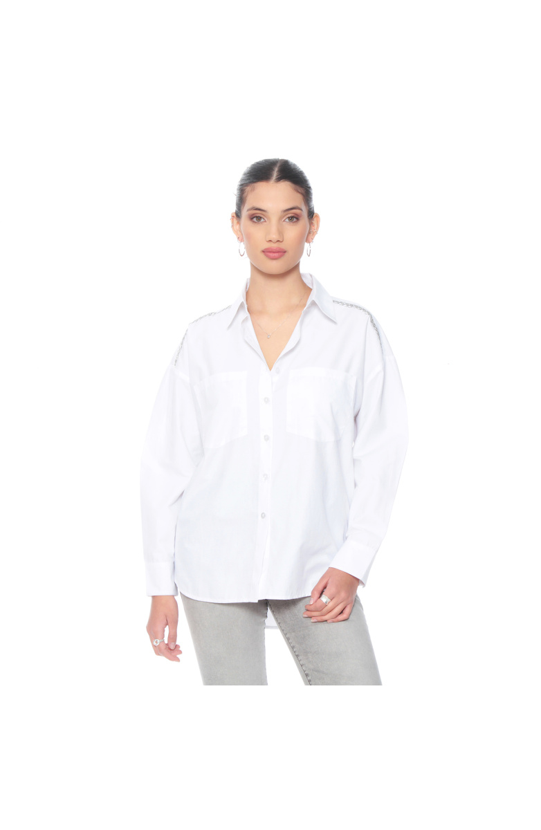 BLUSA MANGA LARGA ABOTONADA CON BOLSILLOS Y APLICACION HOMBRO