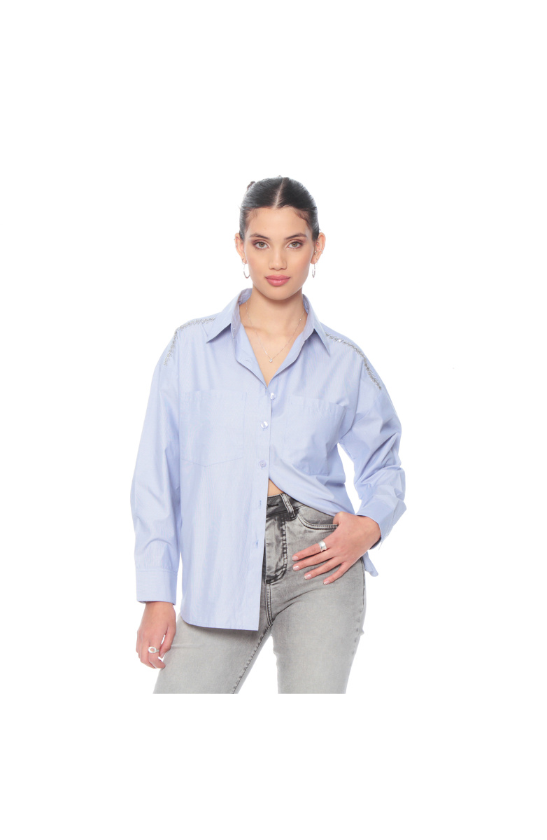BLUSA MANGA LARGA ABOTONADA CON BOLSILLOS Y APLICACION HOMBRO