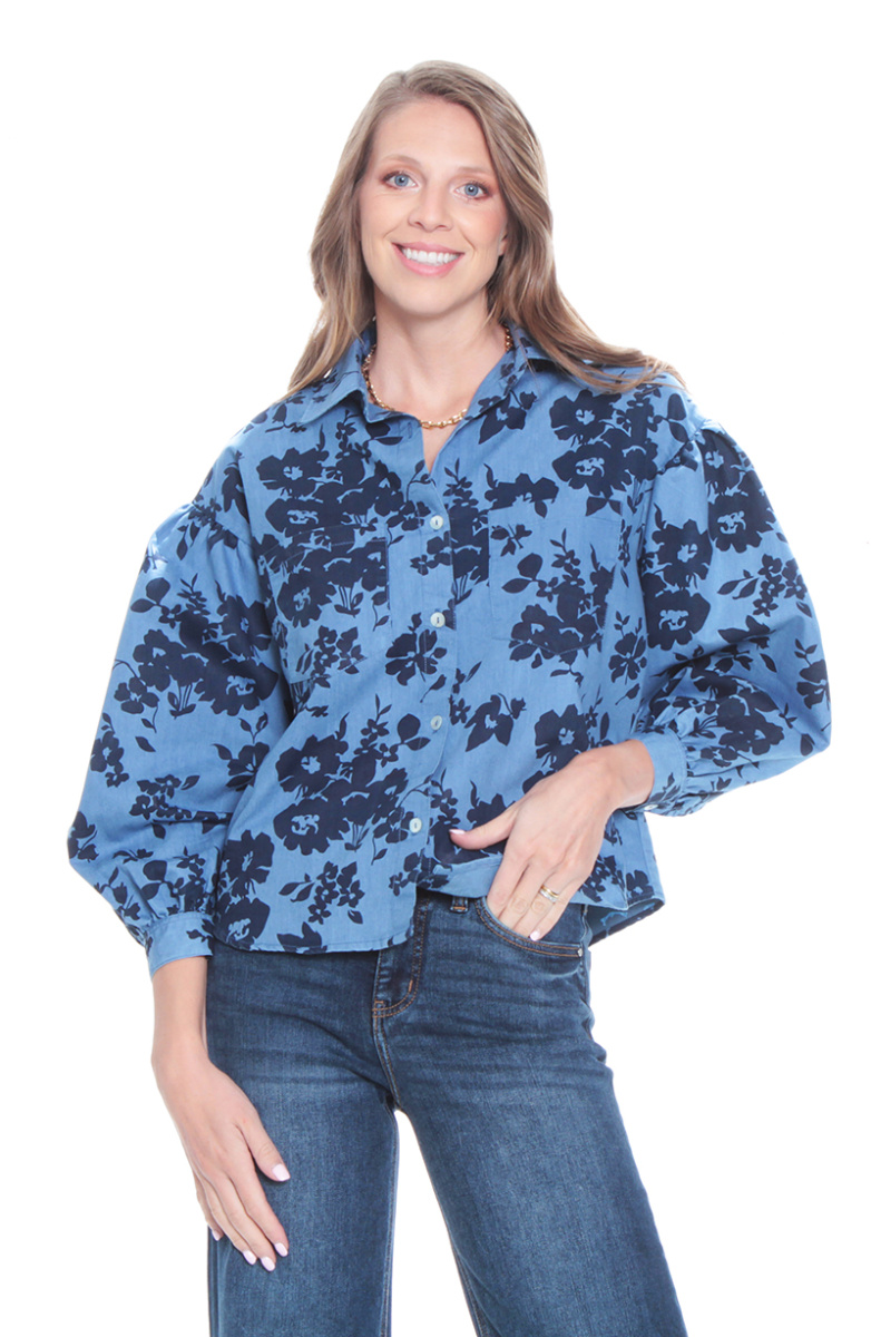 Blusa Manga Larga Denim Estampado Abotonada En Delantero