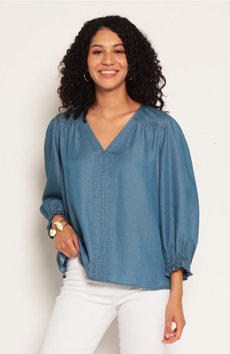 BLUSA LYOCELL MANGA 3/4 ESCOTE V CON PU?O DE MANGA ELASTICADO