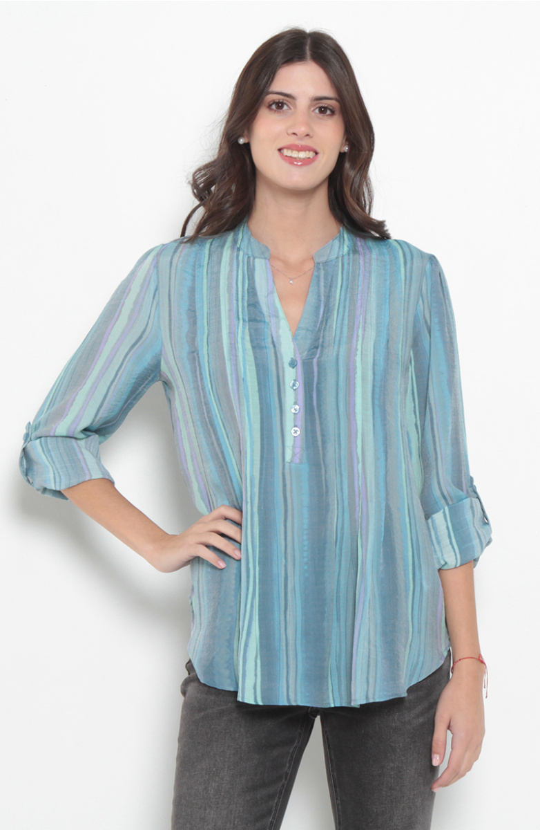 BLUSA LISTADA MANGA LARGA ABOTONADA EN DELANTERO
