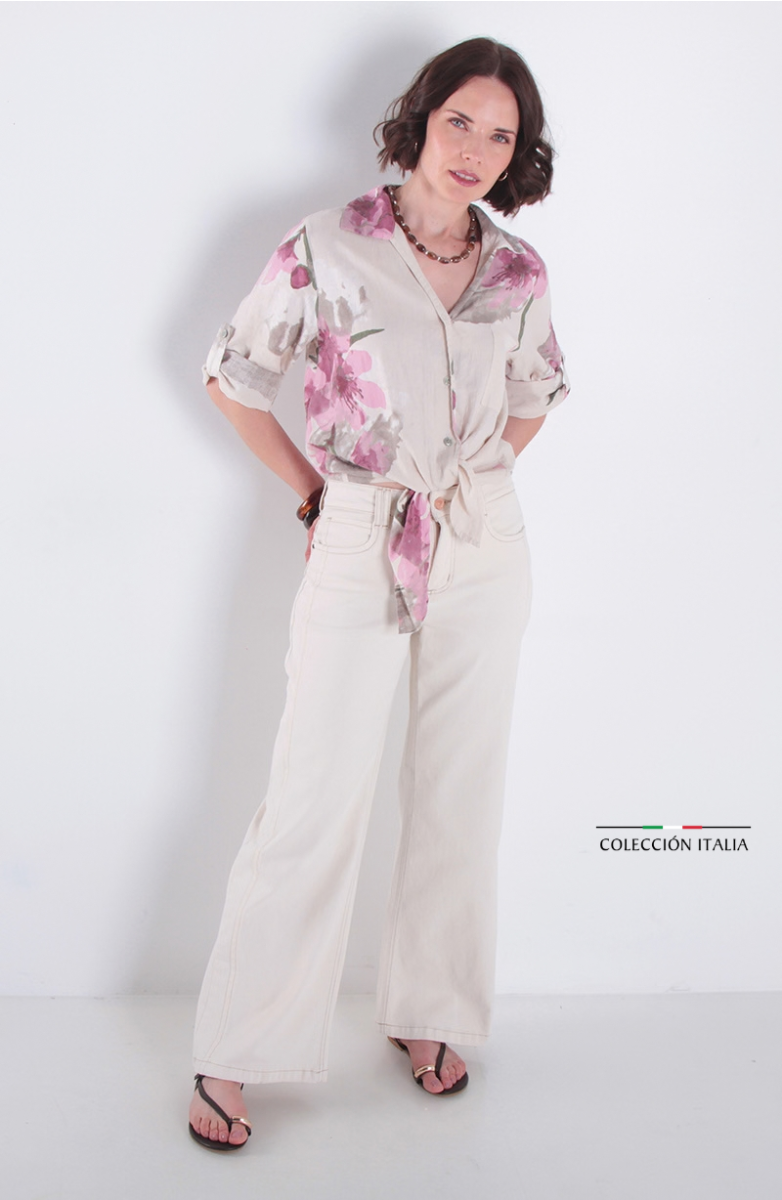 Blusa Lino Estampado Manga 3/4 Abotonada En Delantero
