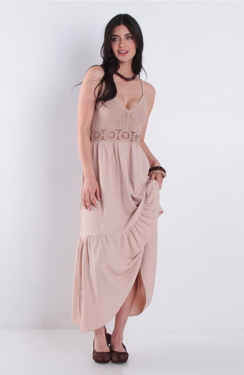 Vestido Largo Sin Manga Busto Tejido Con Cintura Elasticada