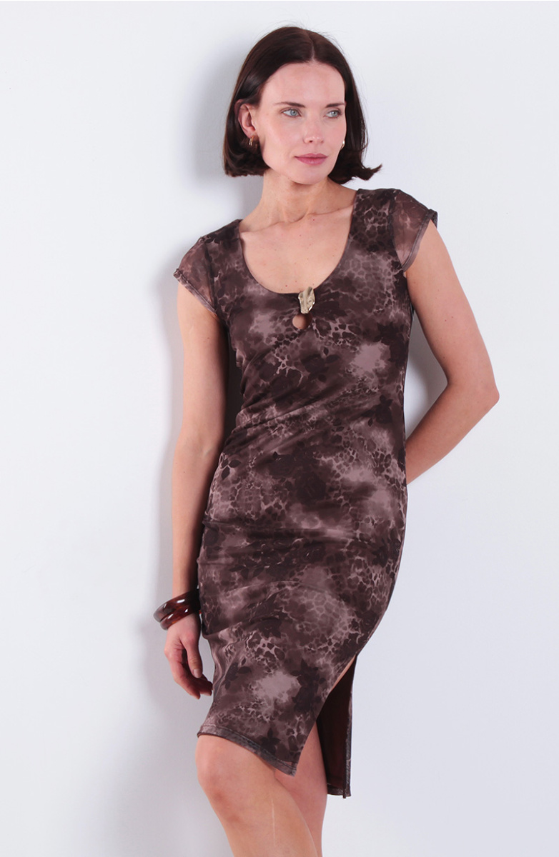 Vestido Largo Estampado Manga Corta Cuello En V