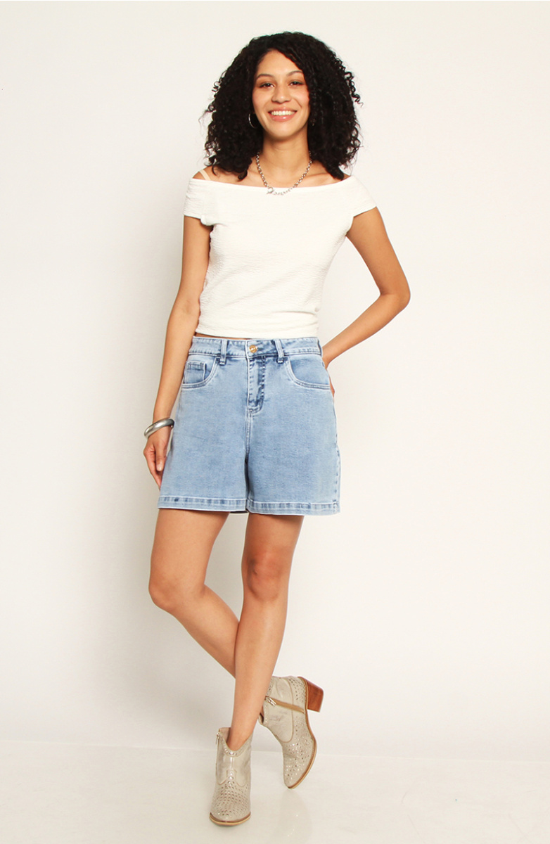 Bermuda Denim Tiro Alto Pretina Basica 1 Boton