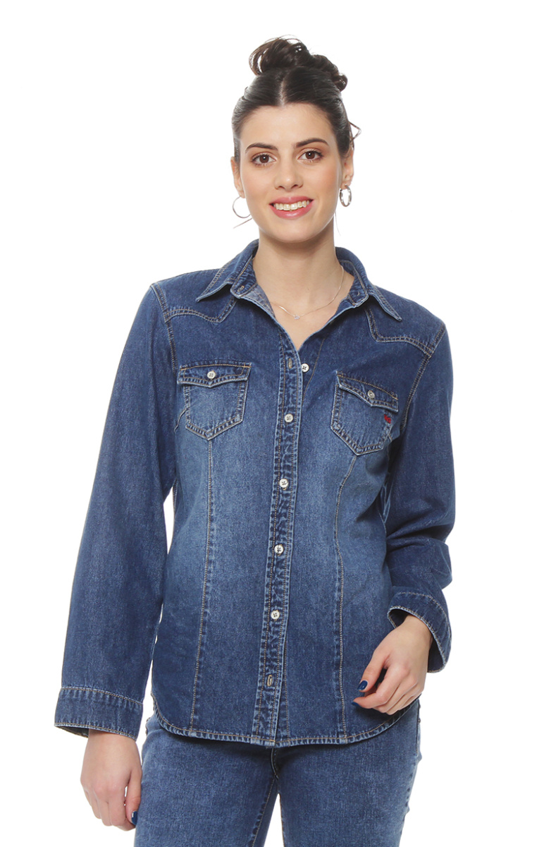BLUSA MANGA LARGA DENIM CON BOLSILLO Y TAPAETA ABROCHADA EN EL FRENTE