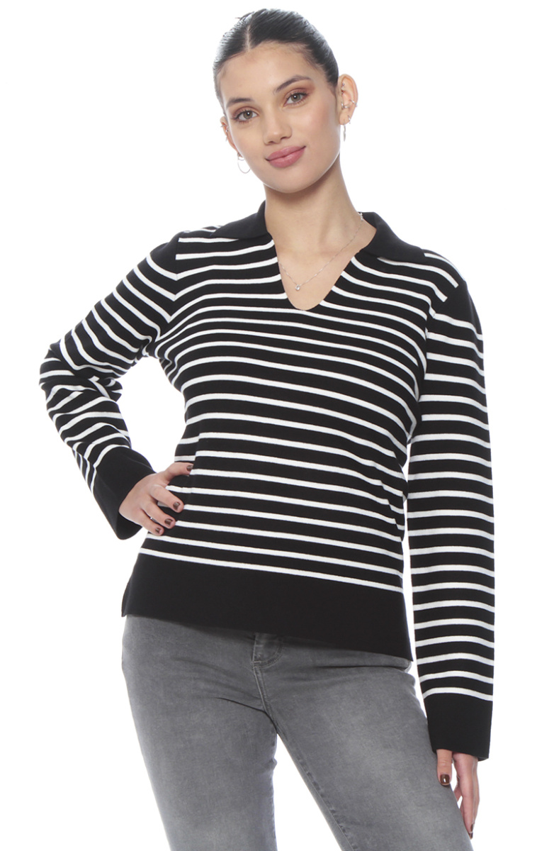SWEATER MANGA LARGA LISTADO ESCOTE V CON CUELLO