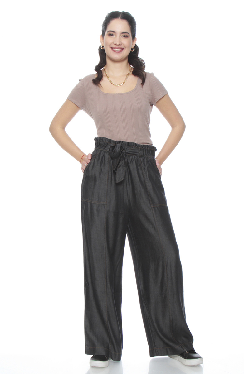 PANTALON LYOCELL WIDE LEG TIRO ALTO PRETINA ELASTICADA CON LAZO