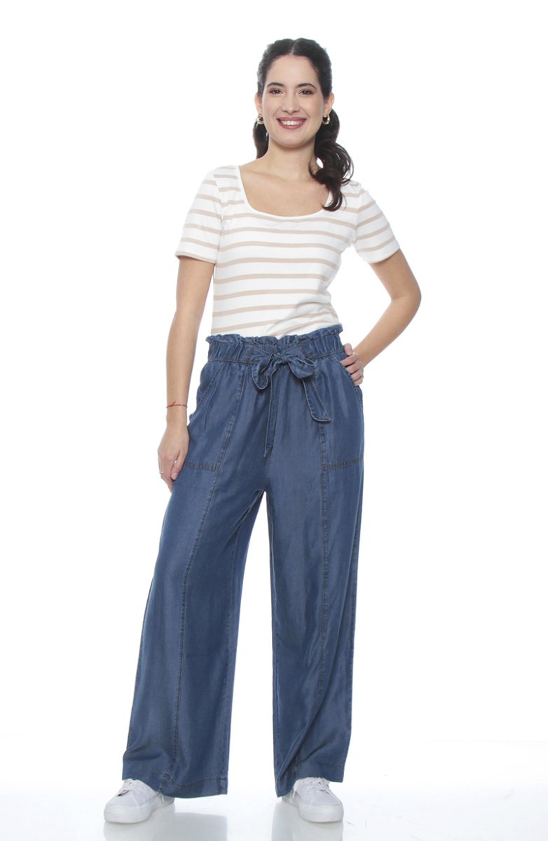 PANTALON LYOCELL WIDE LEG TIRO ALTO PRETINA ELASTICADA CON LAZO