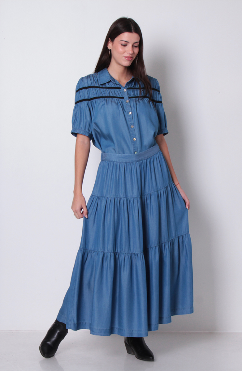 FALDA TENCEL CON CORTES Y CINTURA ELASTICADA