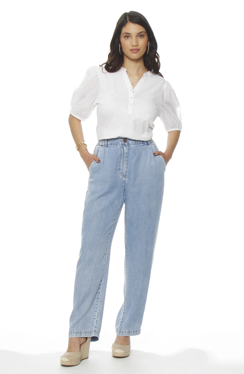 PANTALON TENCEL WIDE LEG TIRO ALTO PRETINA BASICA 1 BOTON