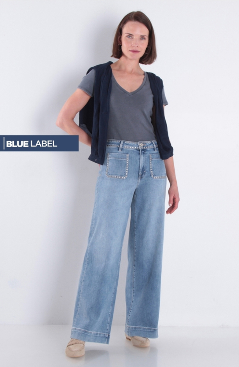 Jeans Wide Leg Tiro Alto Pretina Basica 1 Boton Con Tachas