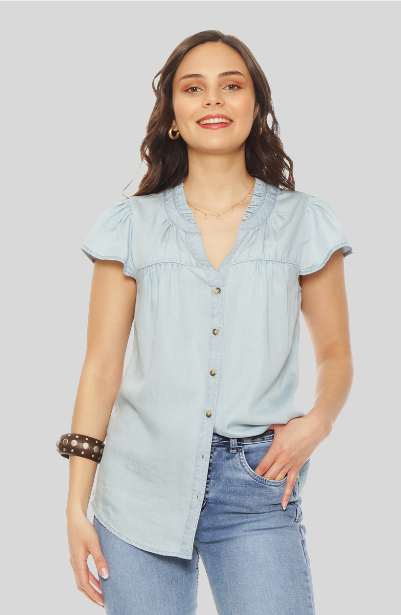 Blusa Manga Corta Lyocell Escote V Abotonada En Delantero