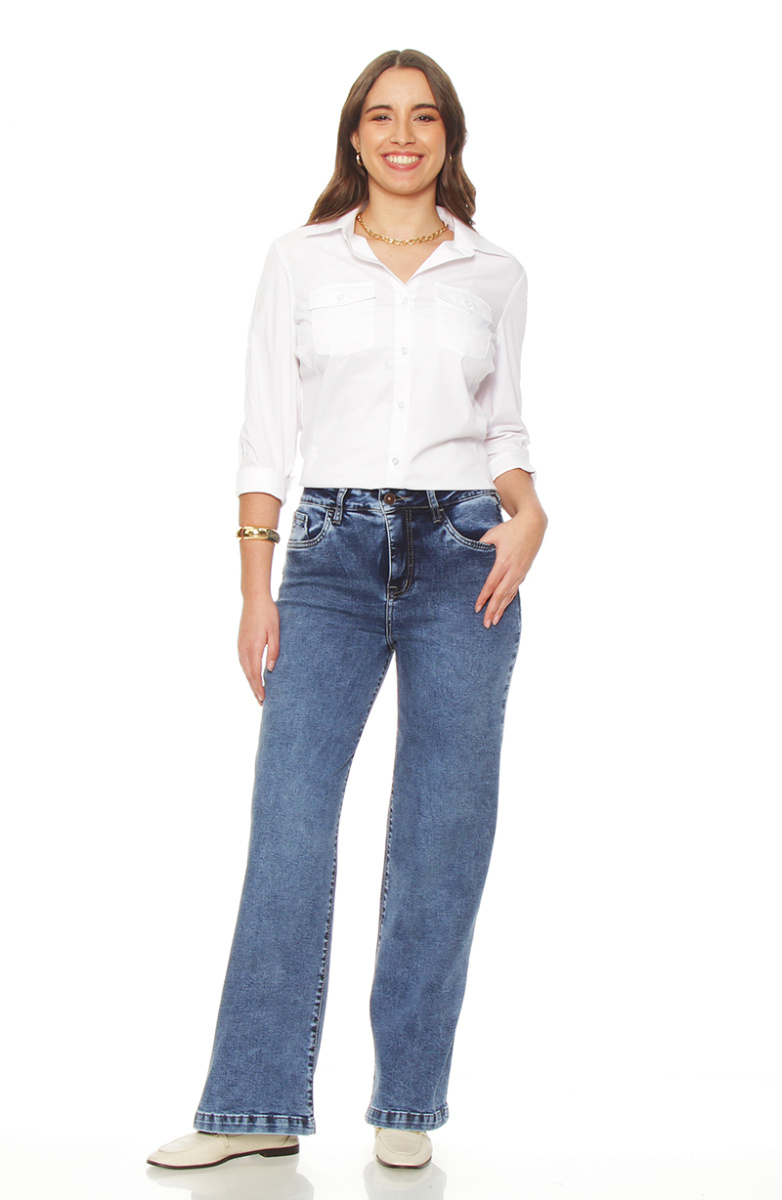 JEANS WIDE LEG TIRO ALTO  PRETINA BASICA 1 BOTON