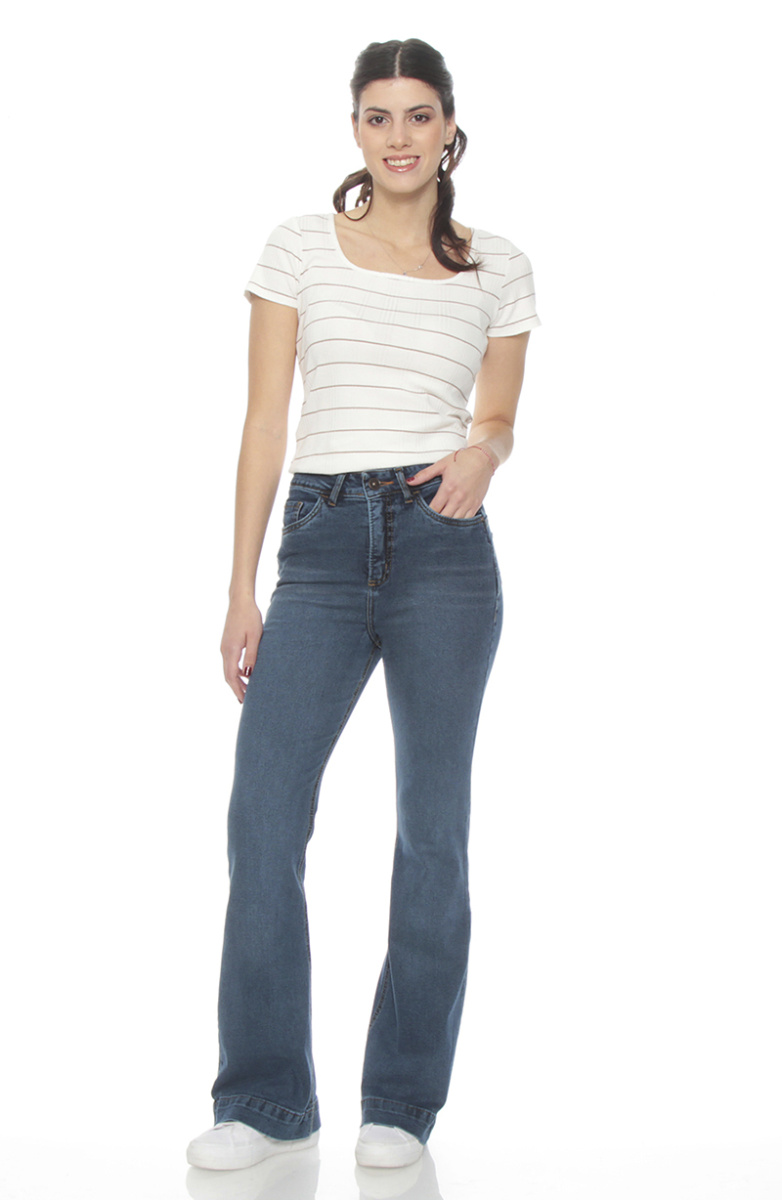 JEANS FLARE TIRO ALTO PRETINA BASICA 1 BOTON