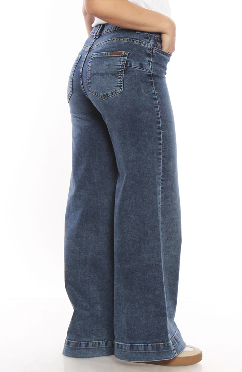 JEANS WIDE LEG TIRO ALTO PRETINA BASICA 1 BOTON PUSH UP