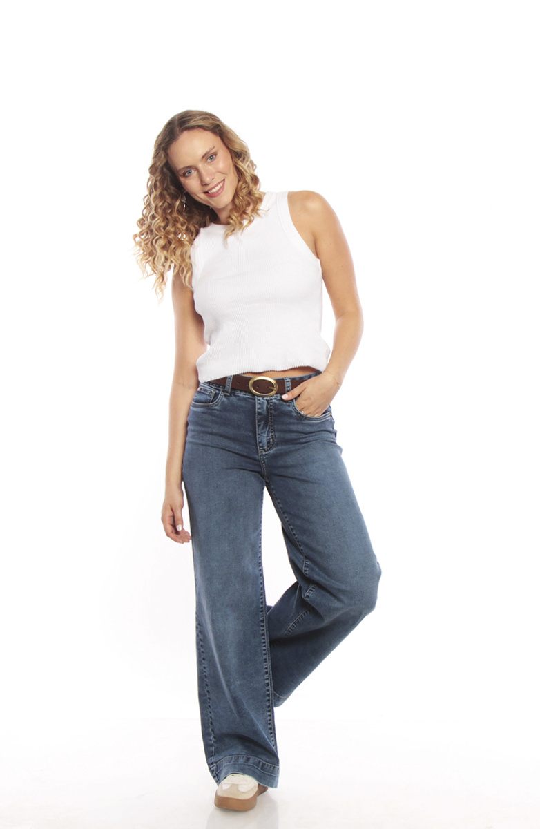 JEANS WIDE LEG TIRO ALTO PRETINA BASICA 1 BOTON PUSH UP