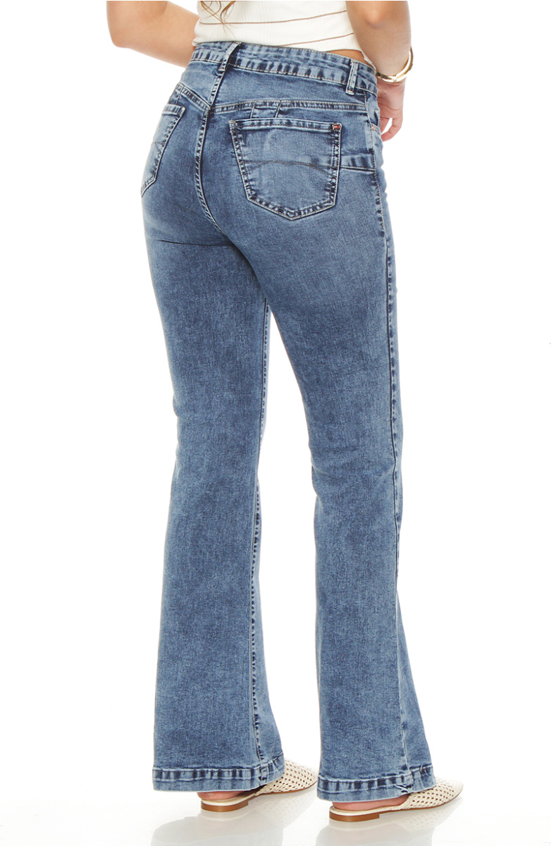 JEANS FLARE TIRO ALTO PRETINA BASICA UN BOTON PUSH UP