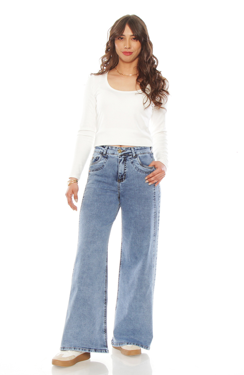 JEANS WIDE LEG TIRO ALTO COSTADILLO PRETINA BASICA 1 BOTON