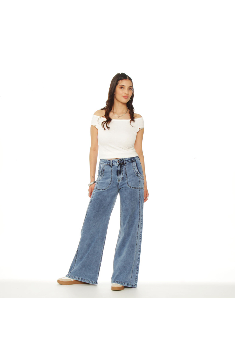 JEANS CARGO WIDE LEG TIRO ALTO PRETINA BASICA 1 BOTON COSTADILLO