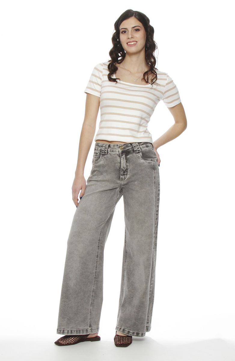 JEANS WIDE LEG TIRO ALTO COSTADILLOS PRETINA BASICA 1 BOTON