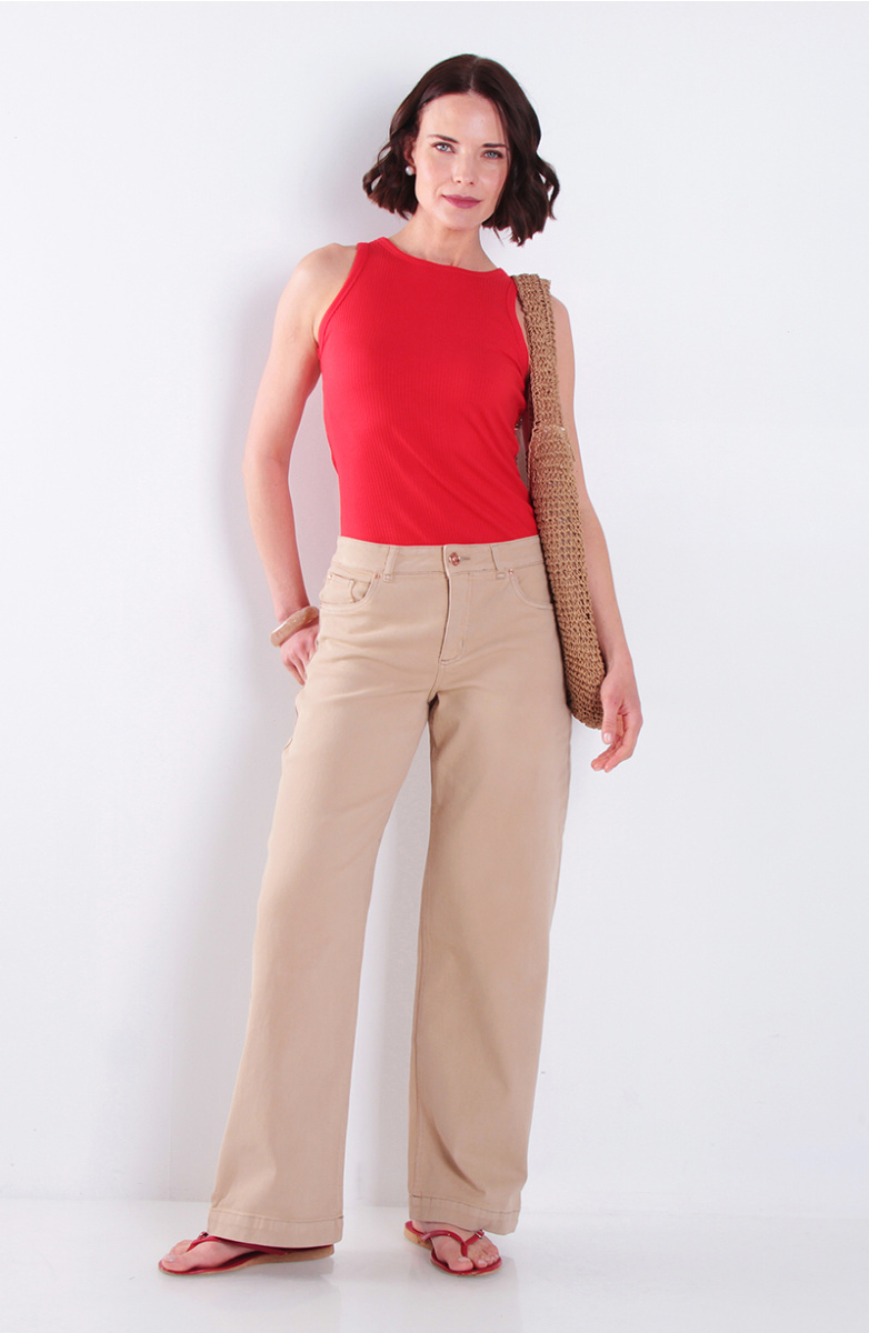 Jeans Wide Leg Tiro Alto  Pretina Basica 1 Boton