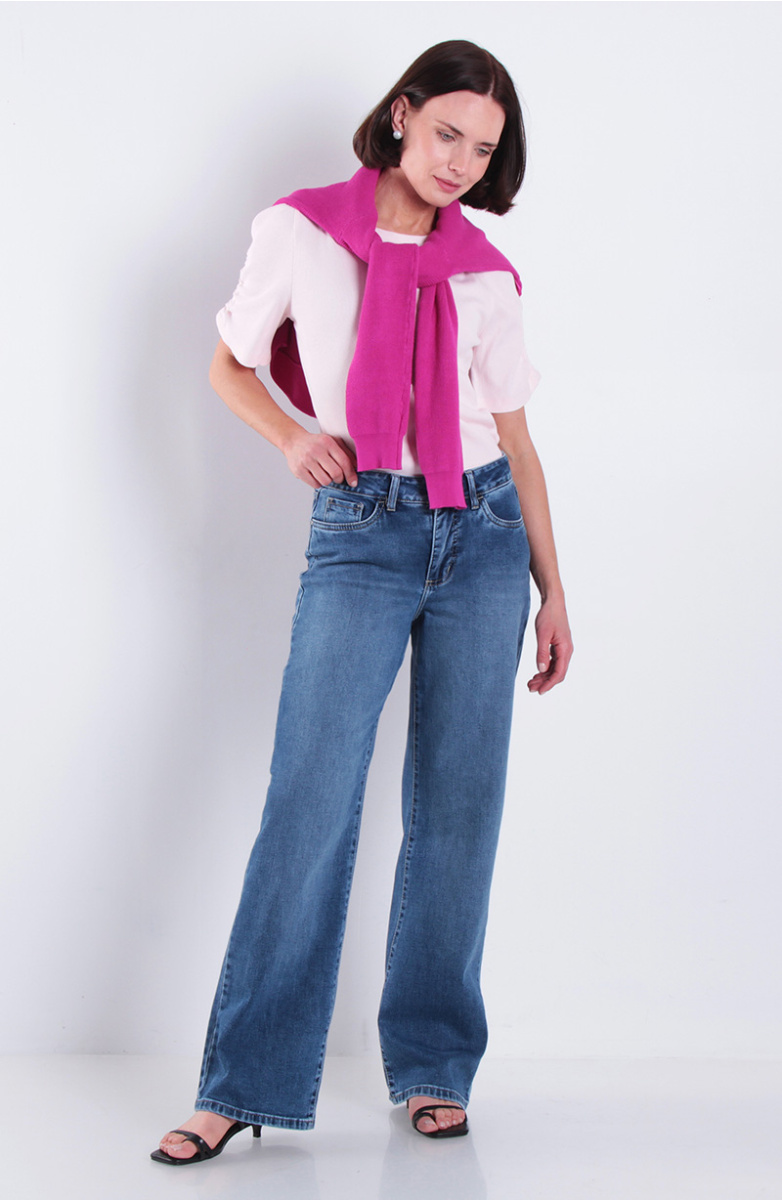 Jeans Wide Tiro Alto Pretina Basica Un Boton