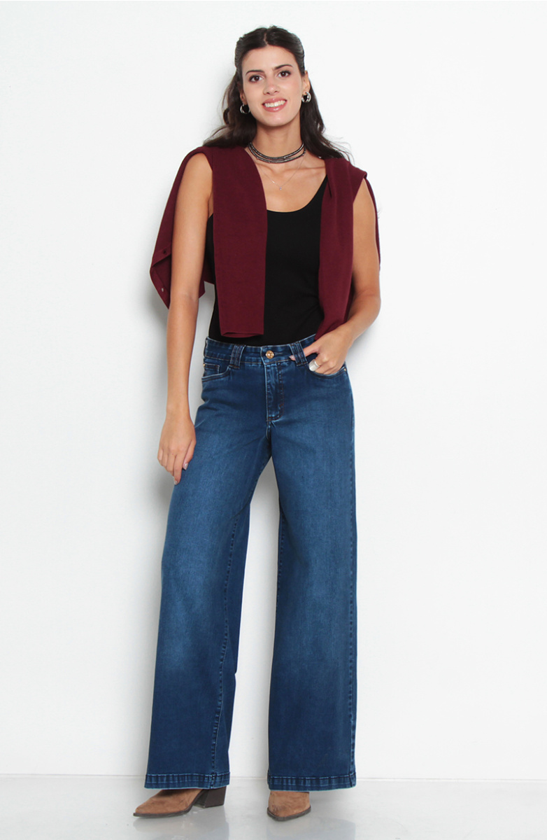 JEANS WIDE TIRO ALTO PRETINA BASICO UN BOTON