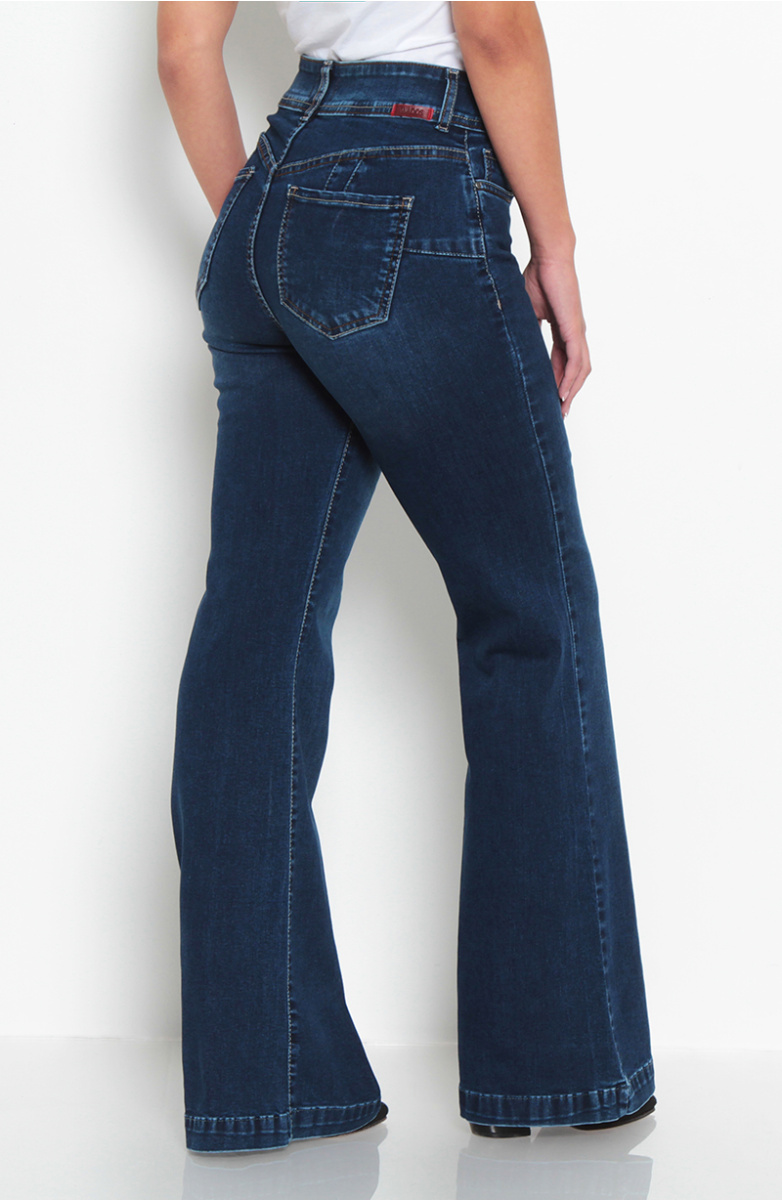 JEANS TIRO ALTO PRETINA MEDIA DOS BOTONES PIERNA FLARE