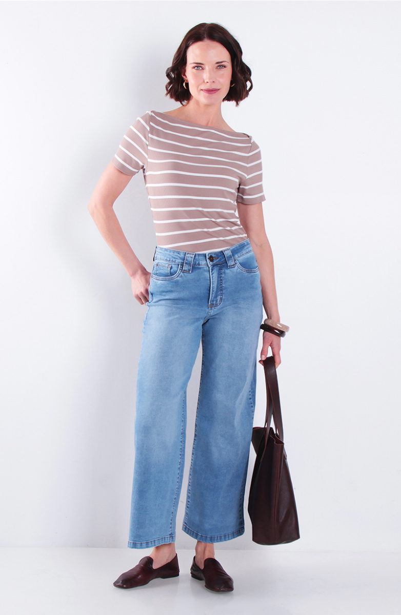 Jeans Cropped Wide Leg Tiro Alto Pretina Basica Un Boton