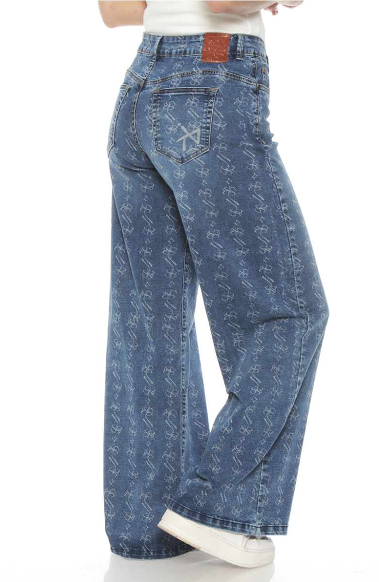 JEANS WIDE LEG TIRO ALTO FULL PRINT PRETINA 1 BOTON