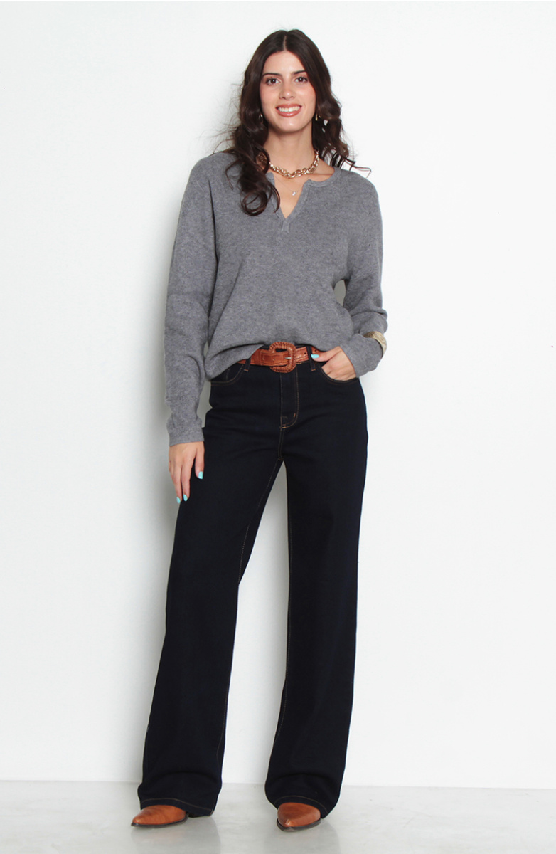 JEANS WIDE LEG TIRO ALTO  PRETINA BASICA 1 BOTON
