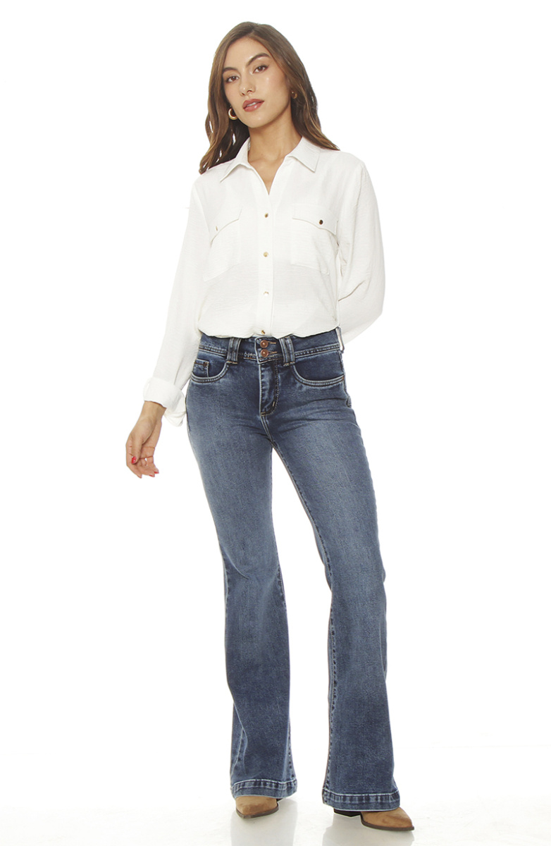 JEANS FLARE TIRO ALTO PRETINA MEDIA DOS BOTONES