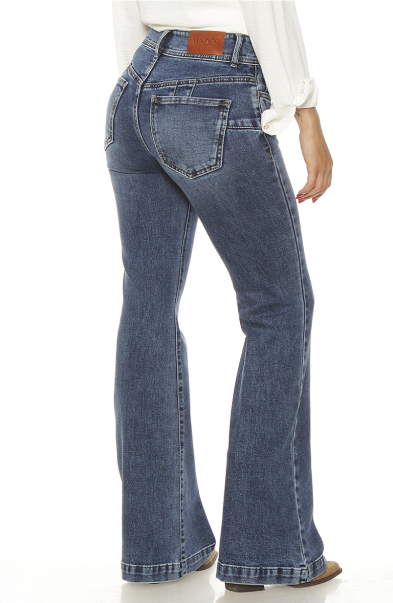 JEANS FLARE TIRO ALTO PRETINA MEDIA DOS BOTONES