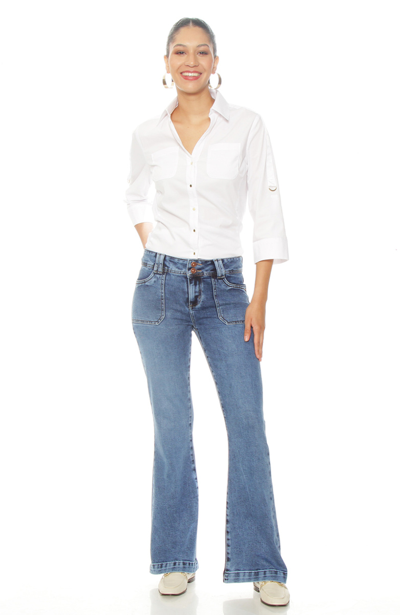 JEANS CARGO FLARE TIRO ALTO PRETINA MEDIA DOS BOTONES