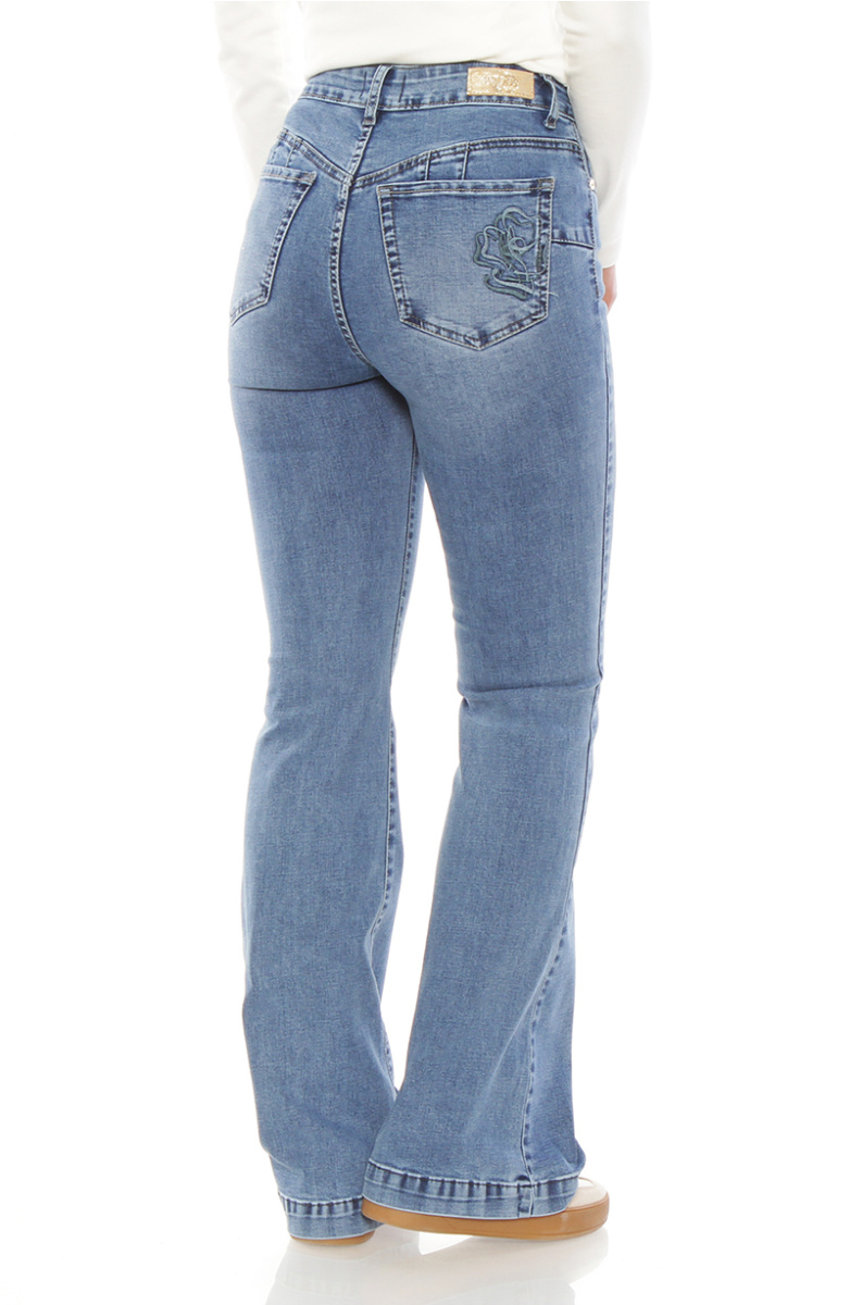 JEANS FLARE TIRO ALTO PRETINA BASICA 1 BOTON PUSH UP BORDADO