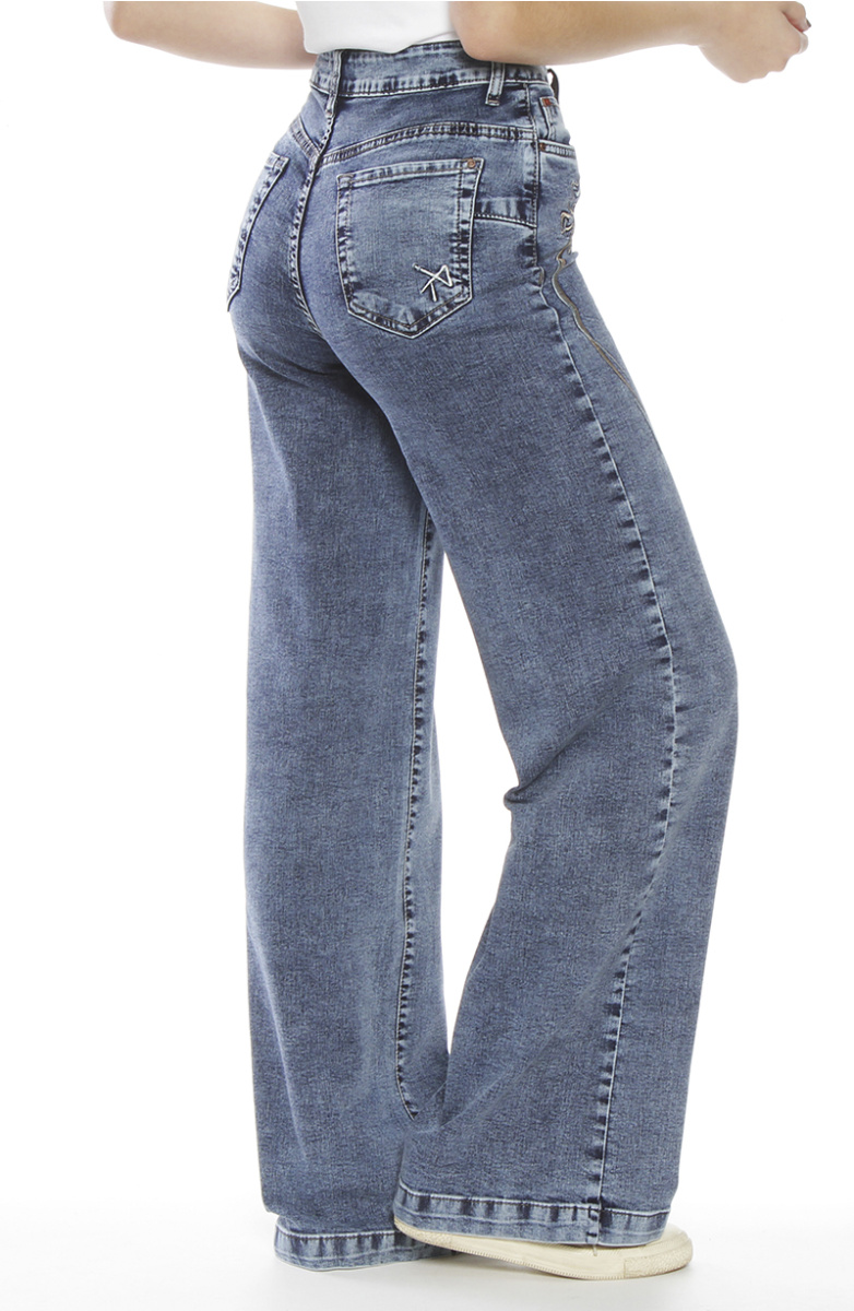 JEANS WIDE LEG TIRO ALTO BORDADO PRETINA BASICA 1 BOTON SECRET
