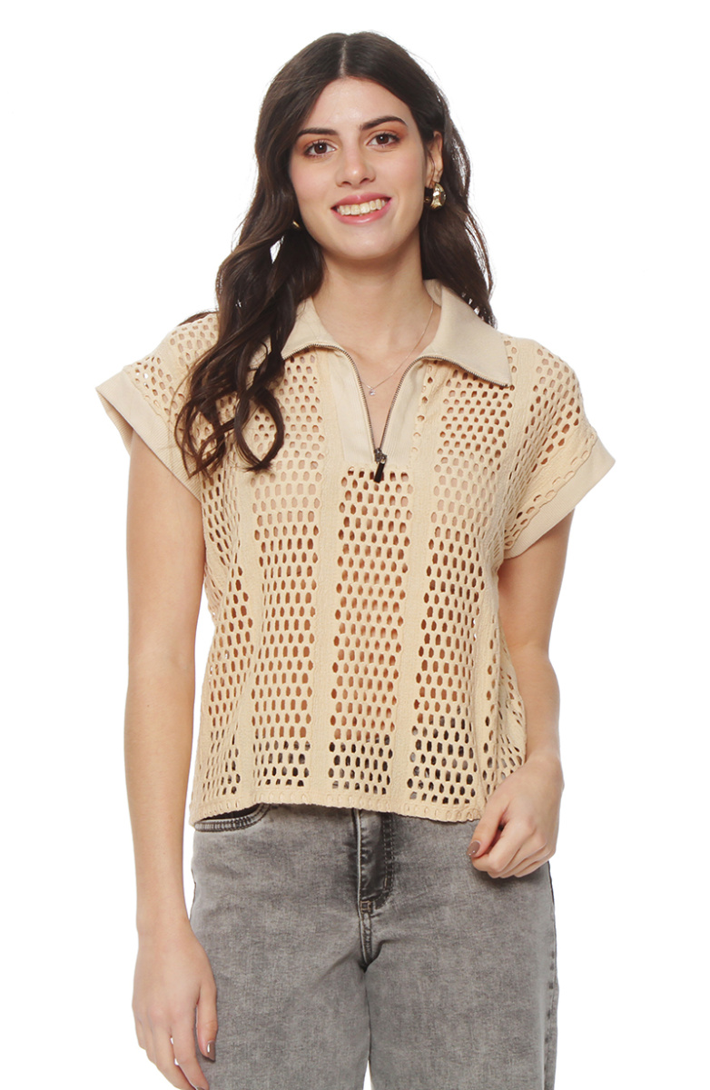 POLERA MANGA CORTA TEJIDA ESCOTE V