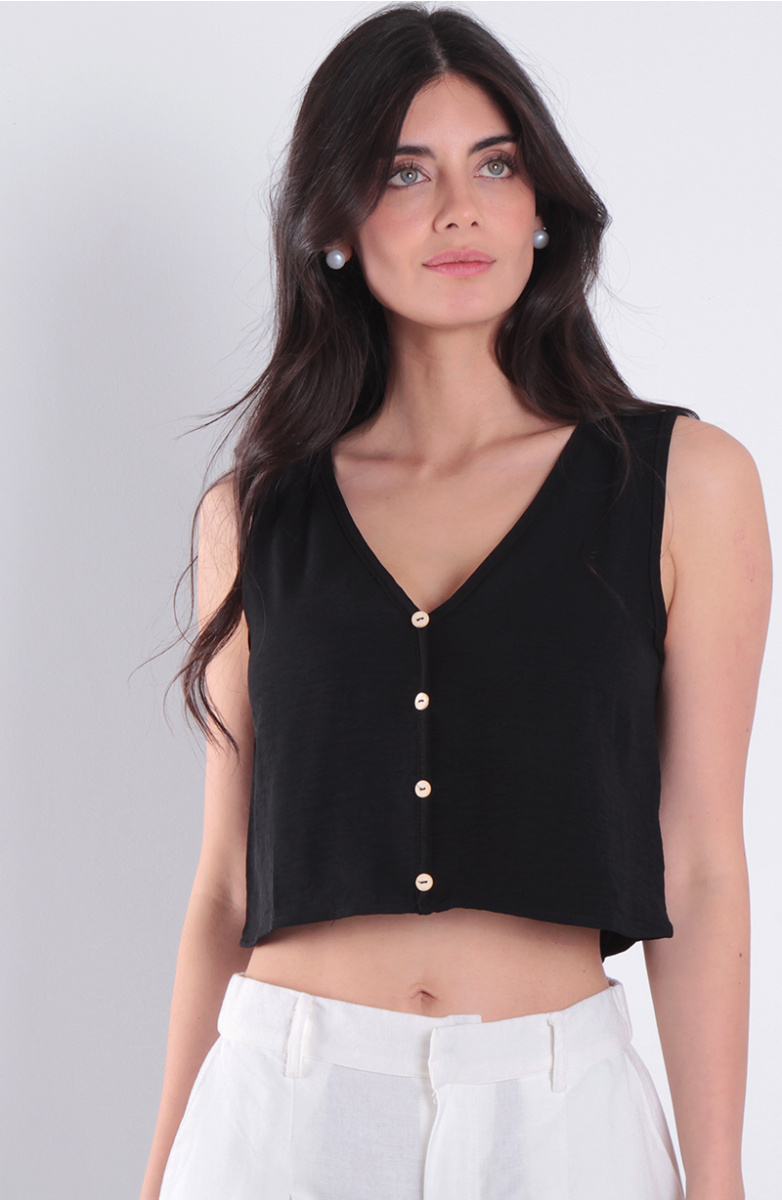 Blusa Sin Manga Abotonada En Delantero Escote V