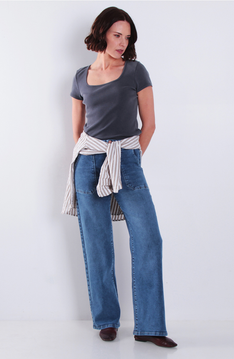 Jeans Cargo Recto Tiro Alto Pretina Media Dos Botones