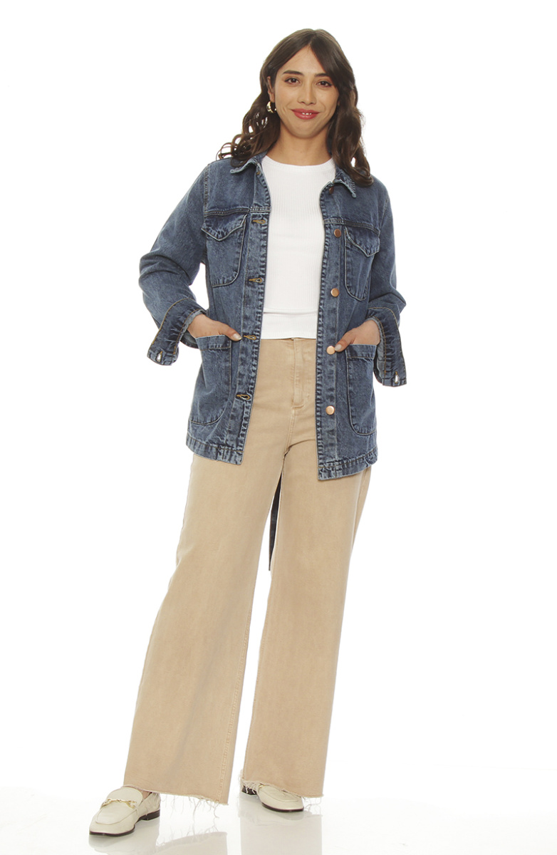 CHAQUETA MANGA LARGA DENIM ABOTONADA EN DELANTERO CON LAZO EN CINTURA