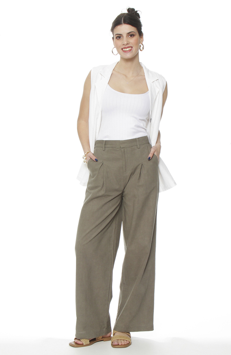PANTALON WIDE LEG LINO TIRO ALTO PRETINA BASICA