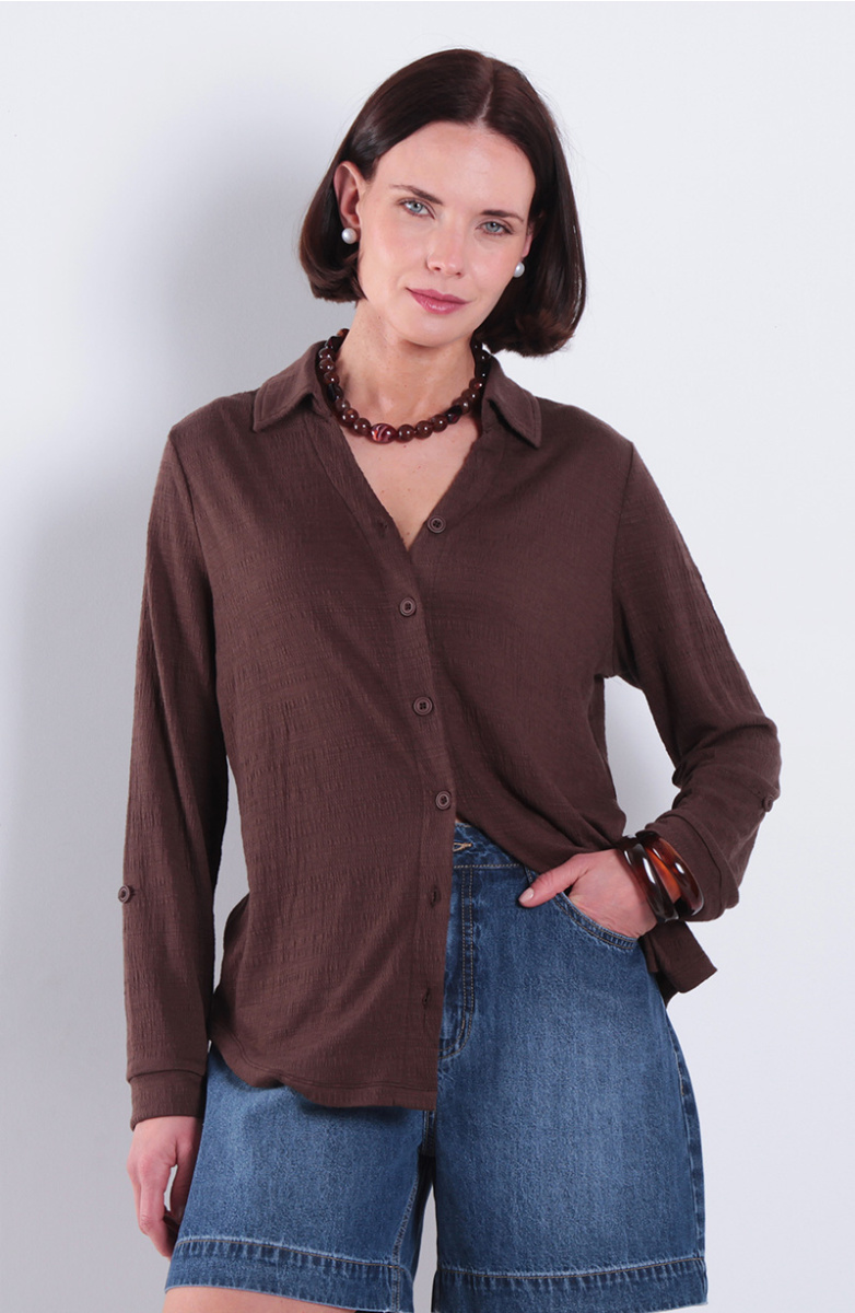 Blusa Manga Larga Abotonada En Delantero Escote V